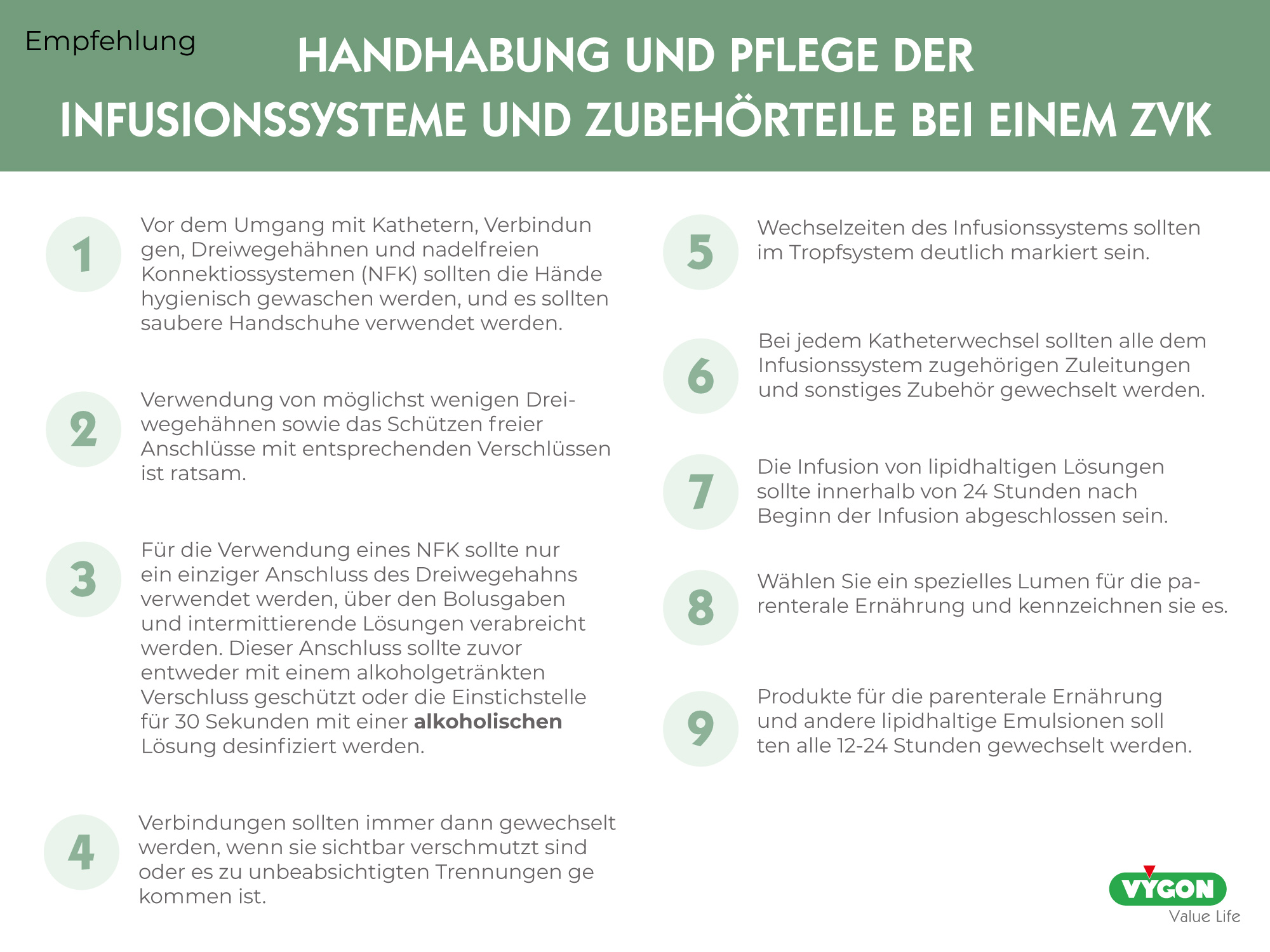 Empfehlung zur Handhabung und Pflege der Infusionssysteme und Zubehörteile bei einem ZVK