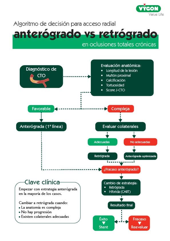 Algoritmo de decisión que permite determinar en qué casos abordar el acceso a la oclusión de forma anterógrada o retrógrada.