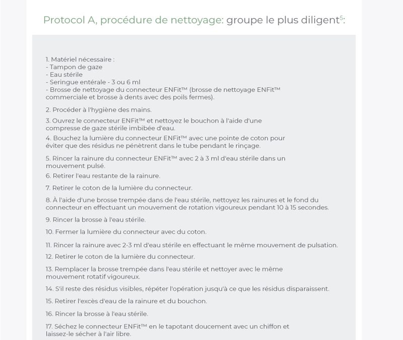 Protocole A – Procédure de nettoyage ENFit : groupe le plus diligent