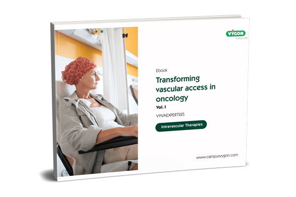 Ebook on oncology vascular access showing a patient receiving intravascular therapy alongside the cover titled 'Transforming vascular access in oncology Vol. I' by Vygon