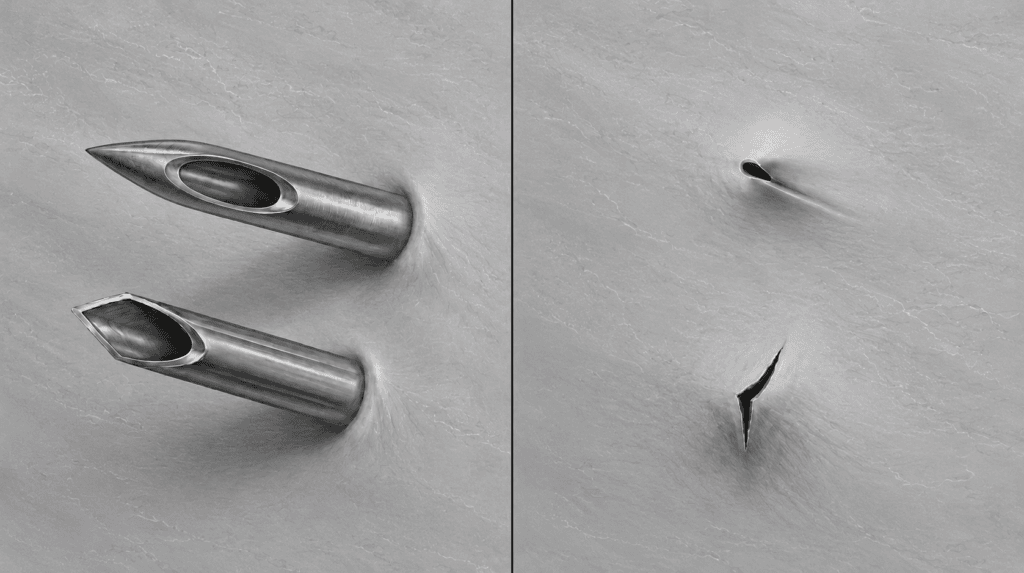 Side‑by‑side comparison of two spinal needle tips and their effects on the dura mater. On the left, a pencil‑point (atraumatic) needle and a cutting (Quincke) needle are shown entering a grey tissue surface. The atraumatic needle has a rounded tip with a lateral opening, while the cutting needle has a sharp beveled edge. On the right, the resulting dural defects are illustrated: the atraumatic needle creates a small, slit‑like opening, whereas the cutting needle produces a larger, jagged tear. The image highlights the difference in tissue damage between needle types, with the atraumatic needle causing less disruption.