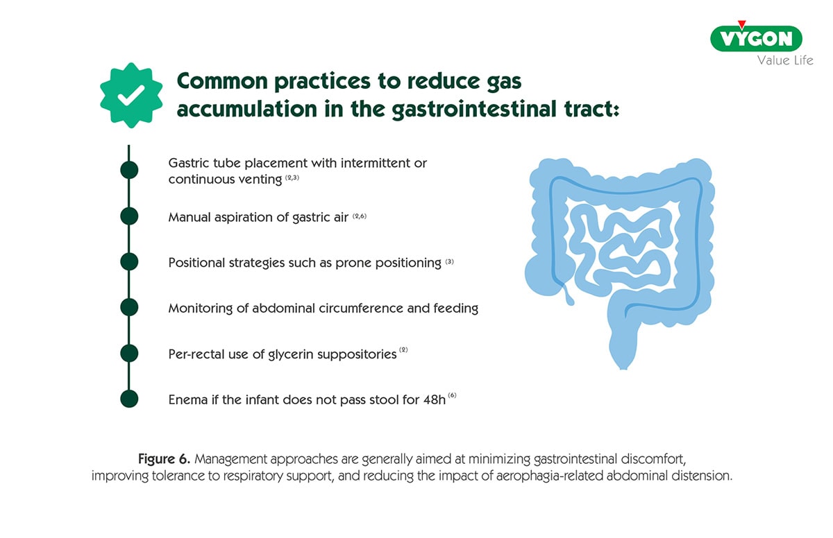 Infographic outlining common practices to reduce gas accumulation in the gastrointestinal tract in infants receiving respiratory support. The illustration highlights management strategies such as gastric tube placement with intermittent or continuous venting, manual aspiration of gastric air, prone positioning, monitoring abdominal circumference and feeding tolerance, glycerin suppositories, and enemas when stool passage is delayed. A digestive system icon accompanies the recommendations.
