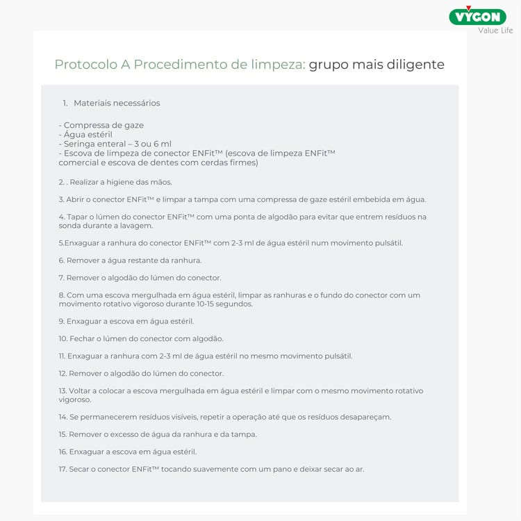 Protocolo A Procedimento de limpeza de conectores na nutrição enteral neonatal em contexto clínico.