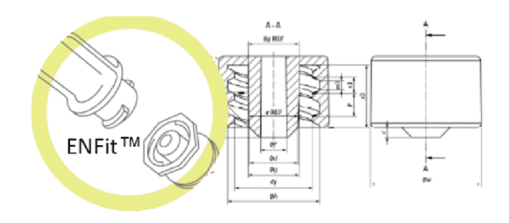 Conector ENFit™ utilizado na administração de nutrição entérica em recém-nascidos.