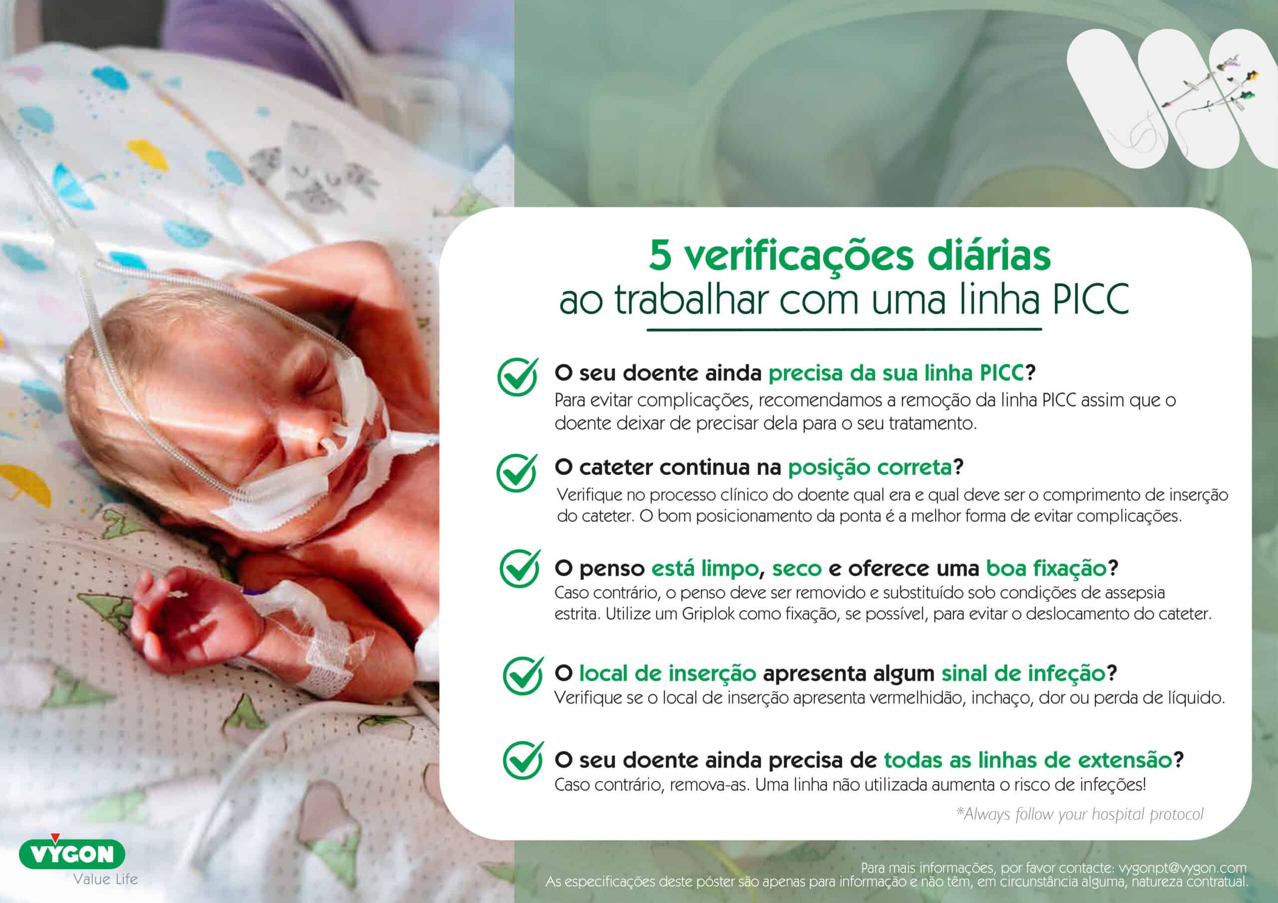 Infografia com 5 verificações diárias para manutenção segura de uma linha PICC, incluindo posição do cateter, penso, sinais de infeção e linhas de extensão.